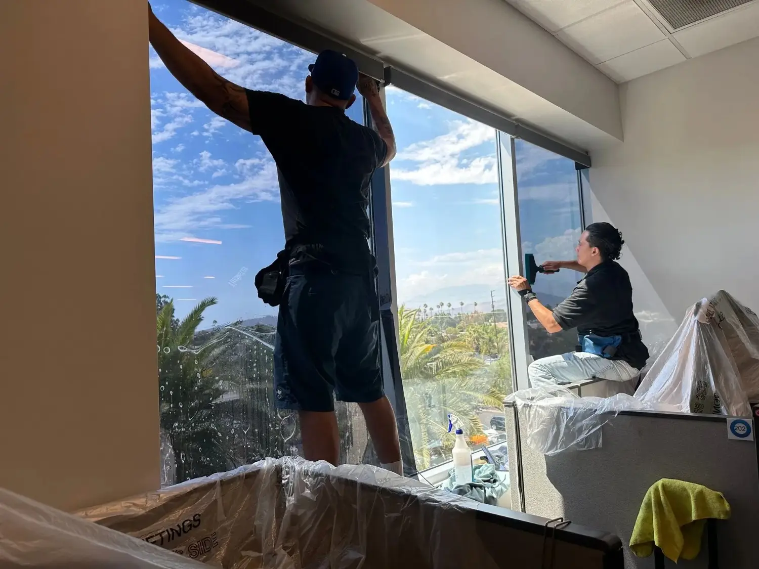 Two workers installing window tint film inside a commercial office, using tools to smooth the film onto large glass windows with a view of palm trees and blue sky outside.