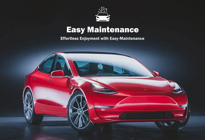Red Tesla Model 3 with a glossy finish under studio lighting, illustrating easy maintenance and long-lasting shine, accompanied by text promoting hassle-free upkeep.
