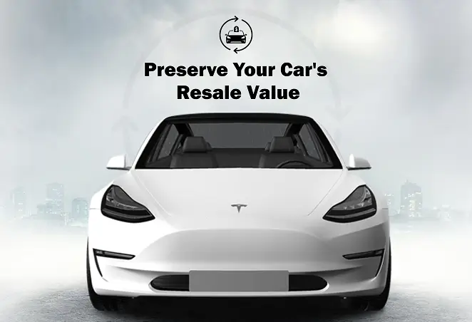 Front view of a white Tesla Model 3 with dark tinted windows, set against a cityscape backdrop, promoting the preservation of resale value through protective treatments.