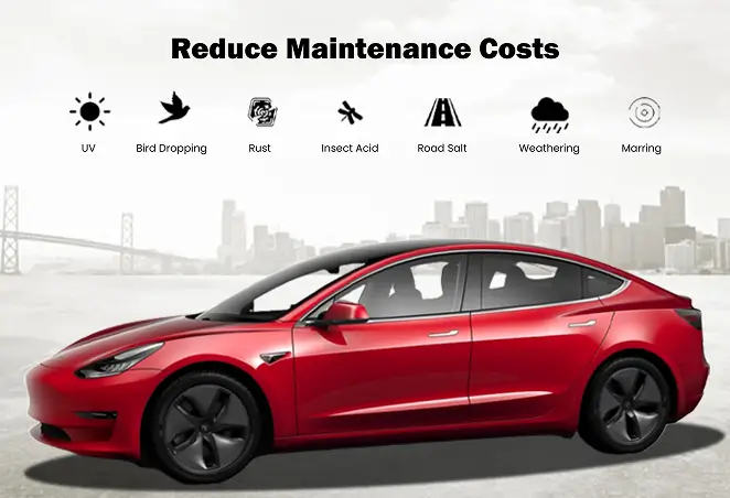 Side view of a red Tesla Model 3 with icons above it representing protection against UV rays, bird droppings, rust, insect acid, road salt, weathering, and marring—emphasizing reduced maintenance costs.