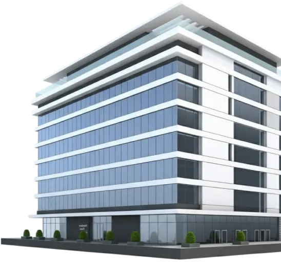 Modern multi-story commercial office building with dark tinted glass windows and sleek white exterior paneling, surrounded by minimal landscaping.